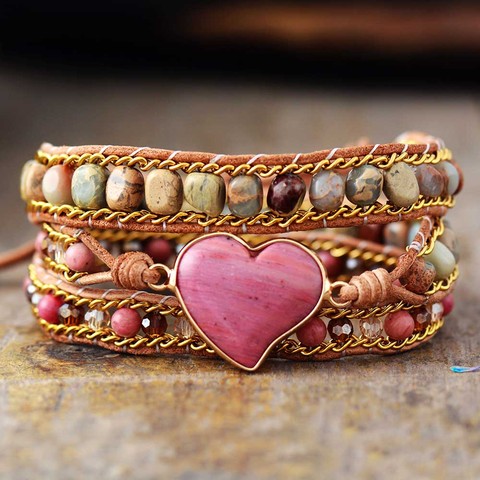 Pulsera envuelta con forma de corazón de lujo, cristal de jaspe, 3 hebras, brazalete cadena piel, joyería, bisutería ► Foto 1/3