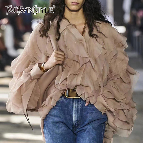 TWOTWINSTYLE-camisa almazuela elegante con volantes para mujer, blusa informal con lazo y solapa de manga larga, 2022 ► Foto 1/4