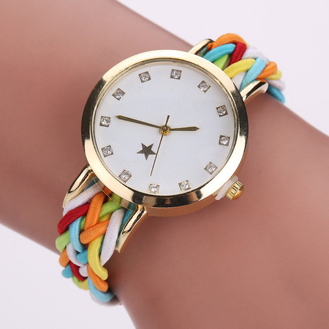 Reloj de pulsera de cuero trenzado dorado para mujer, cronógrafo de cuarzo y cristal de lujo ► Foto 1/6