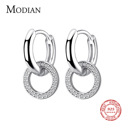 Modian-pendientes de aro brillantes para mujer, Charm de moda de plata de ley 100% 925, oreja circular de CZ transparente para mujer, joyería con estilo de boda ► Foto 1/5