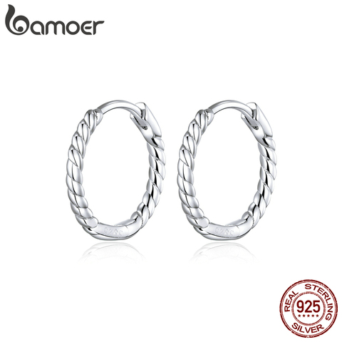 Bamoer-pendientes de aro de diseño minimalista para mujer, de Plata de Ley 925, diseño geométrico tejido, joyería, bisutería SCE841 ► Foto 1/6