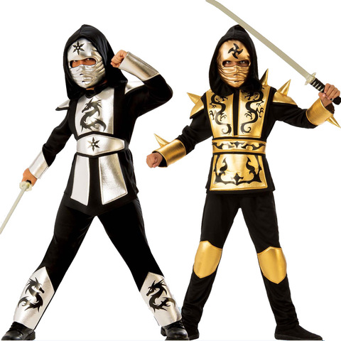 Disfraz de Ninja para niños, DRAGÓN DE PLATA dorado, disfraz de Ninja, camisa con capucha, pantalones, cinturón con máscara, disfraz de Carnaval ► Foto 1/4
