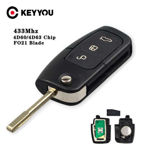 KEYYOU-mando a distancia para coche, llave de 3 botones, 433MHZ, Chip 4D60, para Ford Fusion, Focus, Mondeo, Fiesta, Galaxy, FO21 Blade ► Foto 1/5
