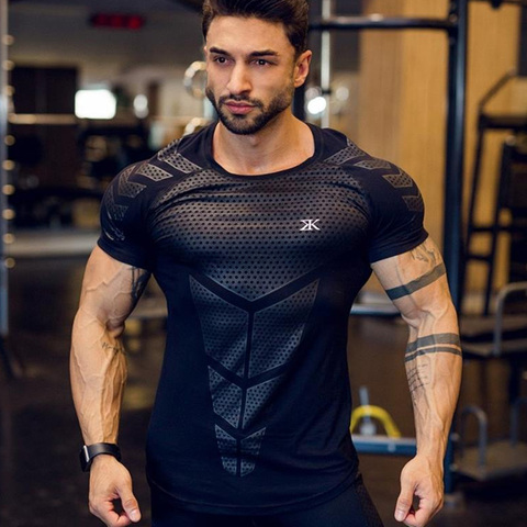 Camiseta de compresión de secado rápido para hombre, ropa manga corta ajustada para correr, gimnasio, fitness, culturismo, entrenamiento, tops negros ► Foto 1/6