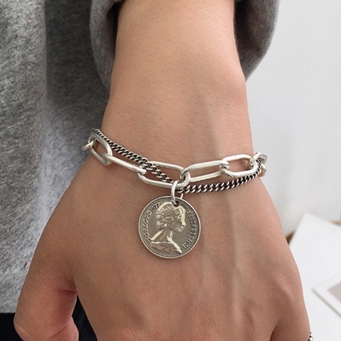 Pulsera Punk Hip Hop con retrato de moneda para mujer, cadena multicapa Retro Bohemia, colgante geométrico de moneda, joyería para mujer ► Foto 1/6