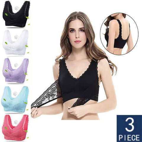 3 unids/set sujetadores Push Up para mujeres de encaje de Color sólido Cruz lado hebilla inalámbrico de talla grande las mujeres dormir sujetador Bralette suave superior ► Foto 1/6