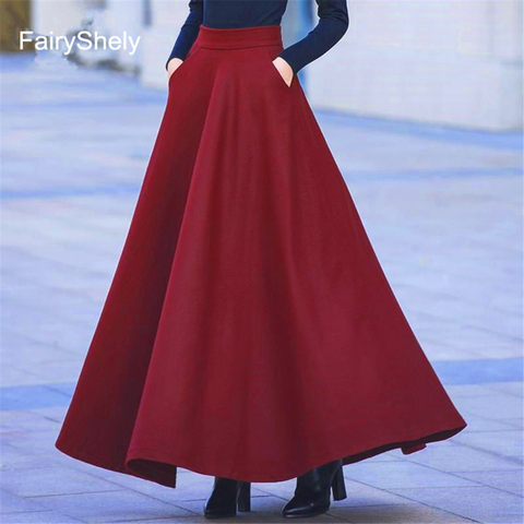 Fairyshey-Falda plisada Retro de cintura alta para mujer, falda larga de lana con bolsillo informal, color rojo llamativo, para otoño e invierno, 2022 ► Foto 1/6