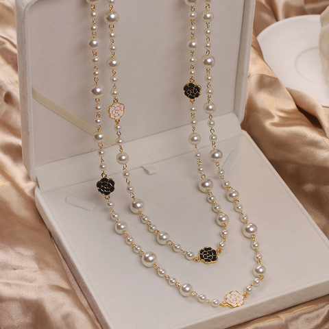 Collar de perlas largas multicapa de Camelia de lujo, diseño de marca, rosa, flor, suéter, cadena, collar para mujer ► Foto 1/5