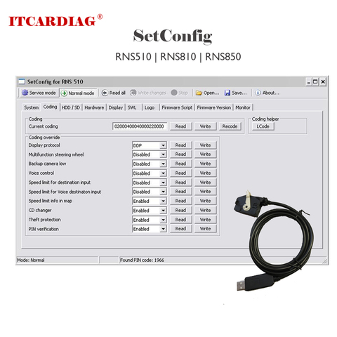 SetConfig 2.5.1 y 2.8.1 para RNS, compatible con RNS510, RNS810, RNS850, cambiar el código PIN, borrar la memoria NAND ► Foto 1/6