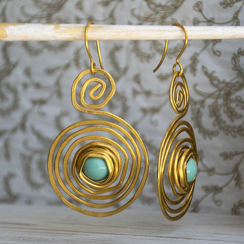 Pendientes étnicos de gota de turquesas en espiral para mujer, joyería Bohemia, Color dorado y plateado, Pendiente de círculo multicapa ► Foto 1/6