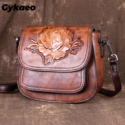 Gykaeo-bolsas de mensajero Vintage para mujer, bolsas de mensajero de alta calidad, pequeñas, en relieve, de cuero genuino, Floral ► Foto 1/6