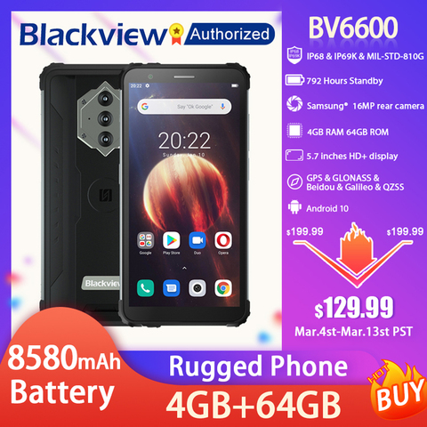 Blackview-teléfono inteligente BV6600, resistente al agua IP68, pantalla de 5,7 pulgadas, Android 10, ocho núcleos, 4GB de RAM, 64GB de ROM, NFC, 8580mAh ► Foto 1/6