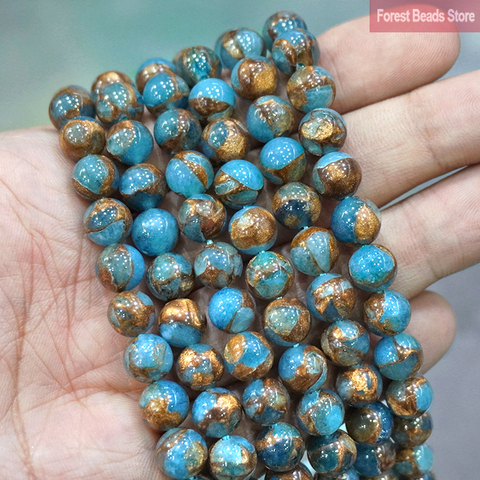 Cuentas redondas de piedra Cloisonne azul lago de Raya dorada Natural, bricolaje, pulsera, collar para fabricación de joyas, hilo de 15 