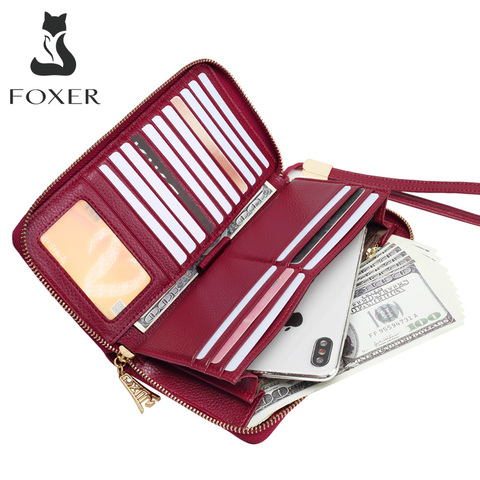 FOXER-cartera de cuero de vaca para mujer, bolso de mano largo con muñequera, tarjetero, monedero, para teléfono móvil, 256001F ► Foto 1/6