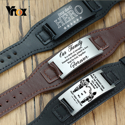 Vnox-pulsera de cuero genuino para hombre, brazalete personalizado con barra de identificación de acero inoxidable ► Foto 1/6