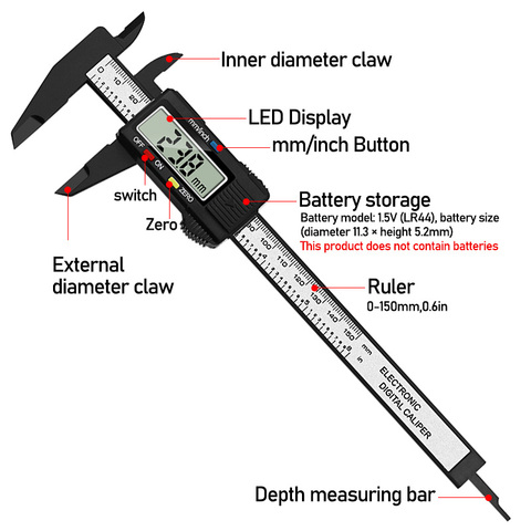 Calibrador Digital Vernier, herramienta de medición de altímetro de fibra de carbono, micrómetro, LCD, 0-150mm, 6 pulgadas ► Foto 1/6