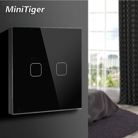 MiniTiger-Interruptor táctil estándar europeo, 2 entradas, 1 sentido, CA 220-250V, Panel de cristal blanco, sin función remota ► Foto 1/5