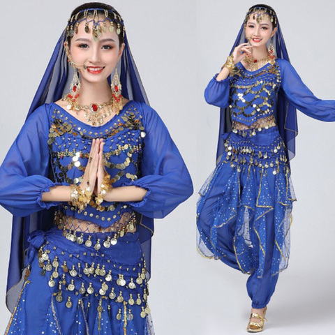 Ropa de danza del vientre con lentejuelas para adultos, trajes de baile de la India Oriental para mujer, Top de manga larga, camisa + Pantalones, traje de danza del vientre ► Foto 1/6