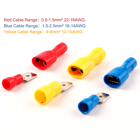 6,3mm mujer hombre PVC conector Conector de cableado eléctrico aislado crimpado pala Terminal azul amarillo rojo FDFD MDD2 ► Foto 1/6