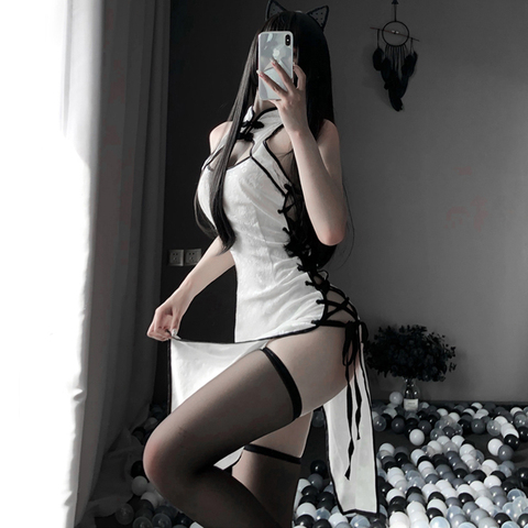 Disfraz de Anime erótico para mujer, atuendo de encaje en blanco y negro, ajustado y elegante, uniforme abierto en el pecho, Cheongsam Sexy ► Foto 1/6