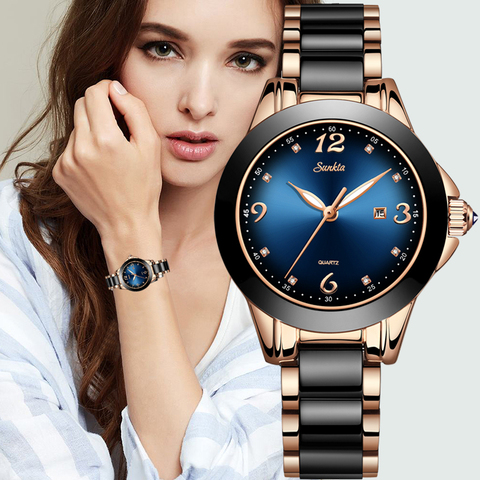 SUNKTA-Relojes de marca superior de lujo para mujer, pulsera de cuarzo deportivo a la moda, con diamantes de imitación de cerámica y color azul, resistente al agua ► Foto 1/6