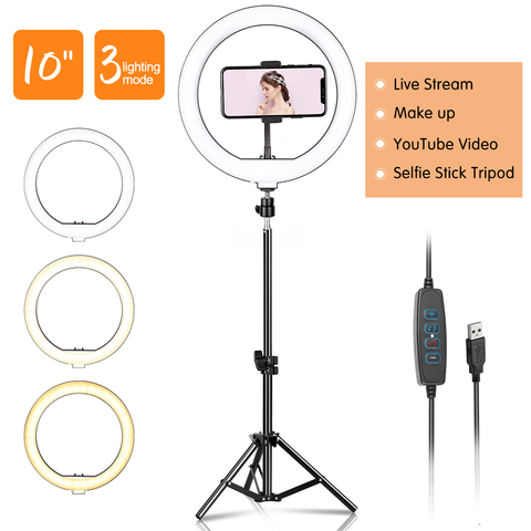 Anillo de luz LED con trípode, accesorio fotográfico de iluminación regulable de 10 pulgadas con soporte para móvil, perfecto para selfis, estudio de fotografía y vídeos en YouTube ► Foto 1/6