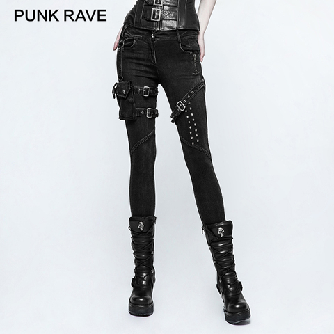 PUNK RAVE nuevo pantalones grandes de bolsillo remache botón cinturón Punk Rock Jeans Lady Skinny con alta cintura negro Denim Pantalones para mujeres ► Foto 1/6