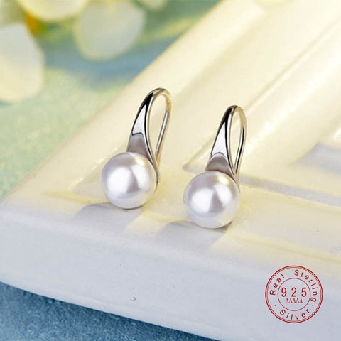 Pendientes de plata de ley 925 con gran perla clara, pendientes sencillos de perla blanca redonda, pendientes de joyería clásicos para mujeres, regalos elegantes ► Foto 1/6