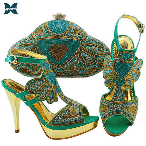 2022 damas Plataforma de las mujeres de África zapato y bolsa de agua verde alto talón zapato con bolsa a juego de alta calidad ► Foto 1/1