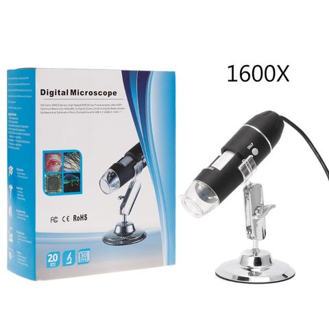 Microscopio Digital con USB, cámara endoscópica, lupa de 8LED con soporte de sujeción, 1600X ► Foto 1/6