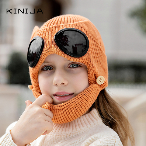 Gafas de invierno Unisex para niños, gorro de punto, gorro de esquí, pasamontañas, máscara protección del cuello, bufanda gruesa, gorros cálidos ► Foto 1/6