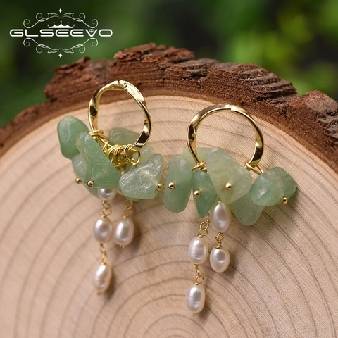 GLSEEVO-pendientes colgantes de perlas de Jade para mujer, color blanco Natural, Plata de Ley 925, diseño Original de lujo, GE0991C ► Foto 1/5