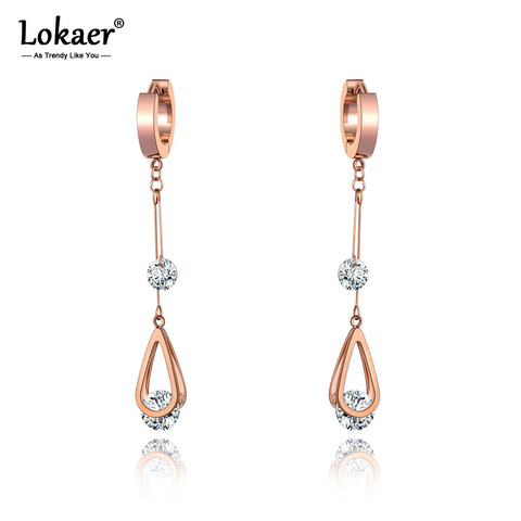 Lokaer-pendientes de aro de acero inoxidable para mujer, aretes con borla de gotas de agua de cristal CZ, joyería brillante de oro rosa, E20010 ► Foto 1/5