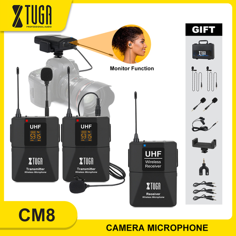 XTUGA micrófono de cámara con función de Monitor, micrófono Lavalier Inalámbrico UHF con 30 canales para teléfonos, cámaras SLR, videocámara ► Foto 1/6