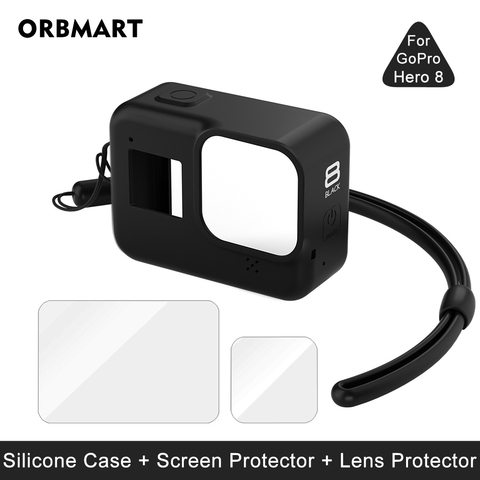 Funda de silicona para GoPro Hero 8, Protector de pantalla de vidrio templado negro, funda protectora para objetivo, accesorios para Go Pro 8 ► Foto 1/6