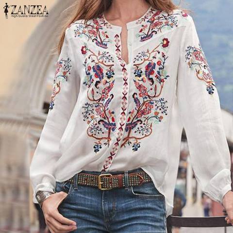 ZANZEA 2022 Blusas estampadas de moda, blusa de otoño para mujer, camisas Bohemias de manga larga con cuello de pico, Blusas sueltas informales de talla grande para mujer ► Foto 1/6