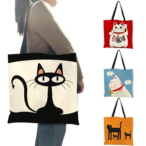 Bolso de mano con estampado de gato y Animal de dibujos animados para mujer, bolsa de compras reutilizable y plegable, bolsa de mano de lino ► Foto 1/6