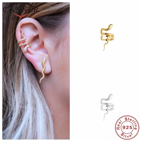 CANNER-pendientes de plata de ley 925 auténtica de Color dorado y plateado para mujer, pendientes de serpiente con Clip, joyería sin perforaciones ► Foto 1/6