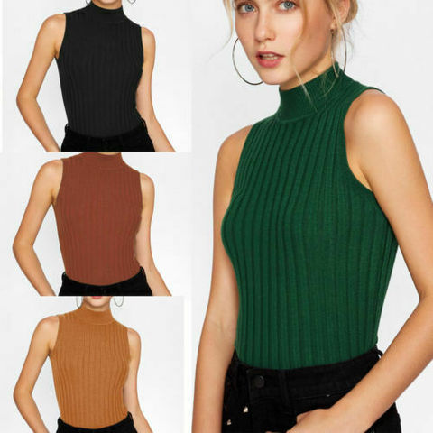 Camiseta sin mangas informal de cuello alto para mujer, Jersey de punto de Color sólido a la moda, chalecos ajustados, negro, blanco, azul, verde, gris ► Foto 1/6