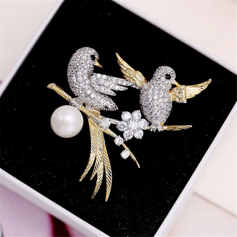 Elegante cristal animales broches circón con Micro incrustaciones con perla encantador aves broche para mujer ropa de pines de joyería ► Foto 1/1