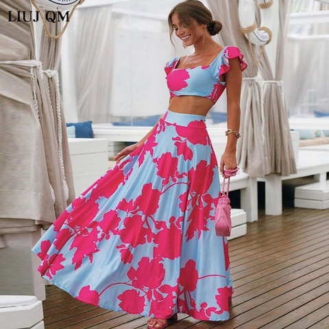 Conjunto de 2 piezas de verano de talla grande para mujer, Top corto y falda larga de cintura alta, conjunto Maxi a juego, estampado bohemio, Sexy, para playa ► Foto 1/6