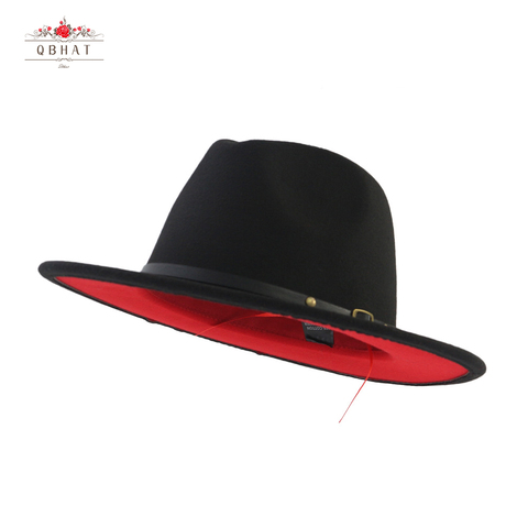 QIUBOSS negro rojo Patchwork lana fieltro Jazz Fedora sombreros cinturón hebilla decoración mujeres Unisex ala ancha Panamá Trilby gorra de vaquero sunhat ► Foto 1/6