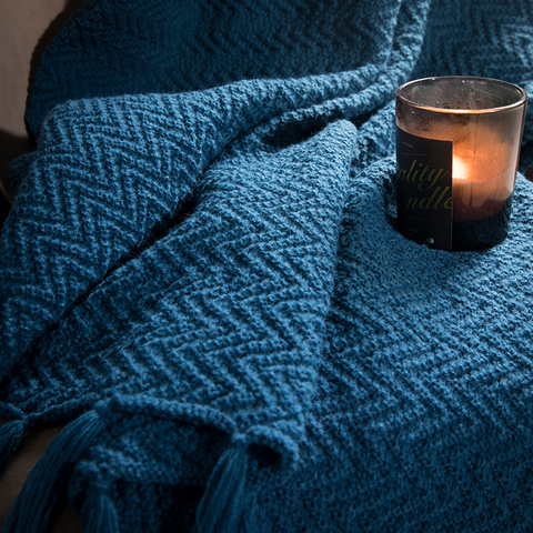 Manta suave de moda para mujer, manta informal para siesta descanso en la oficina, decoración de borlas de punto, fundas para sofá de cama azul oscuro, mantas para decoración de mesita de noche ► Foto 1/5
