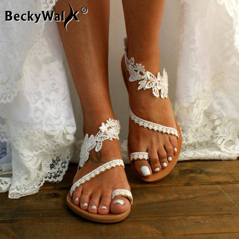 Sandalias blancas de encaje para mujer, chanclas planas, calzado de playa Bohemia para mujer, de talla grande, WSH3628, 2022 ► Foto 1/6