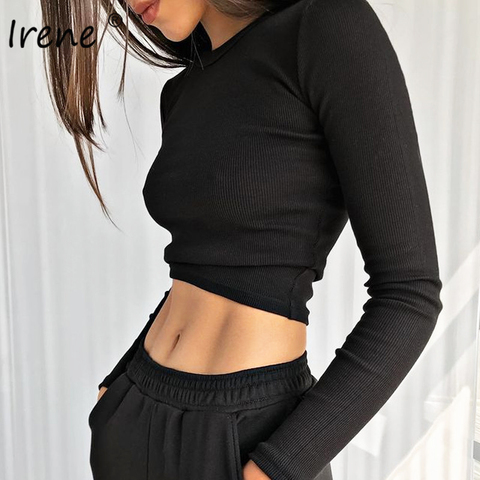 Camisas de manga larga para mujer, para Fitness camiseta lisa, Tops sexys Y2K con cuello redondo, Rib, básica, negra, blanca, marrón, 2022 ► Foto 1/6