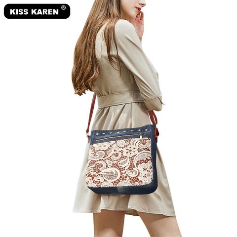 Bolso de hombro con remaches para mujer, bandolera de tela vaquera con encaje Floral y remaches, a la moda ► Foto 1/6