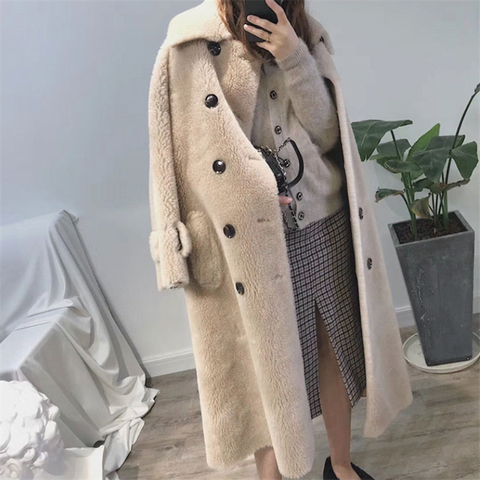 Abrigo de piel de lana para mujer, abrigo largo de moda coreano nuevo, con botones y bolsillos, H477 ► Foto 1/6