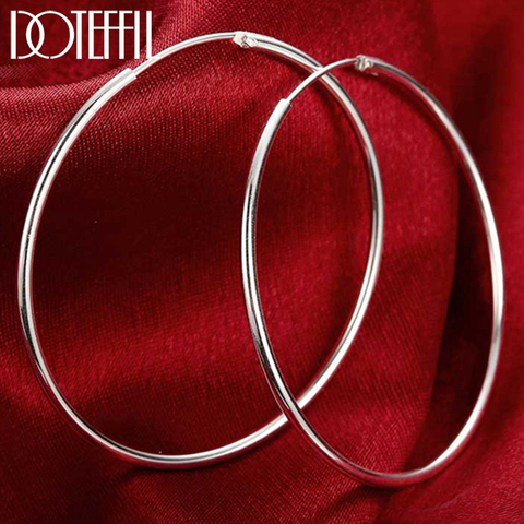 Pendientes de plata de ley 100% DOTEFFIL 925, pendientes plateados de 50mm con círculo redondo, regalos, pendientes grandes simples y lisos para joyería de mujer ► Foto 1/6