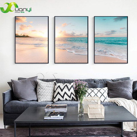 Lienzo artístico de 3 paneles para decoración del hogar, pintura de paisaje marino con olas de mar, imagen para cama, vista al mar, arte de pared, impresiones sin marco ► Foto 1/6