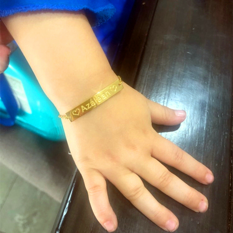 Pulsera con nombre del bebé para niños, brazalete con grabado personalizado de barra larga, corazón, estrella, Luna, flor, constelación, ancla ► Foto 1/6